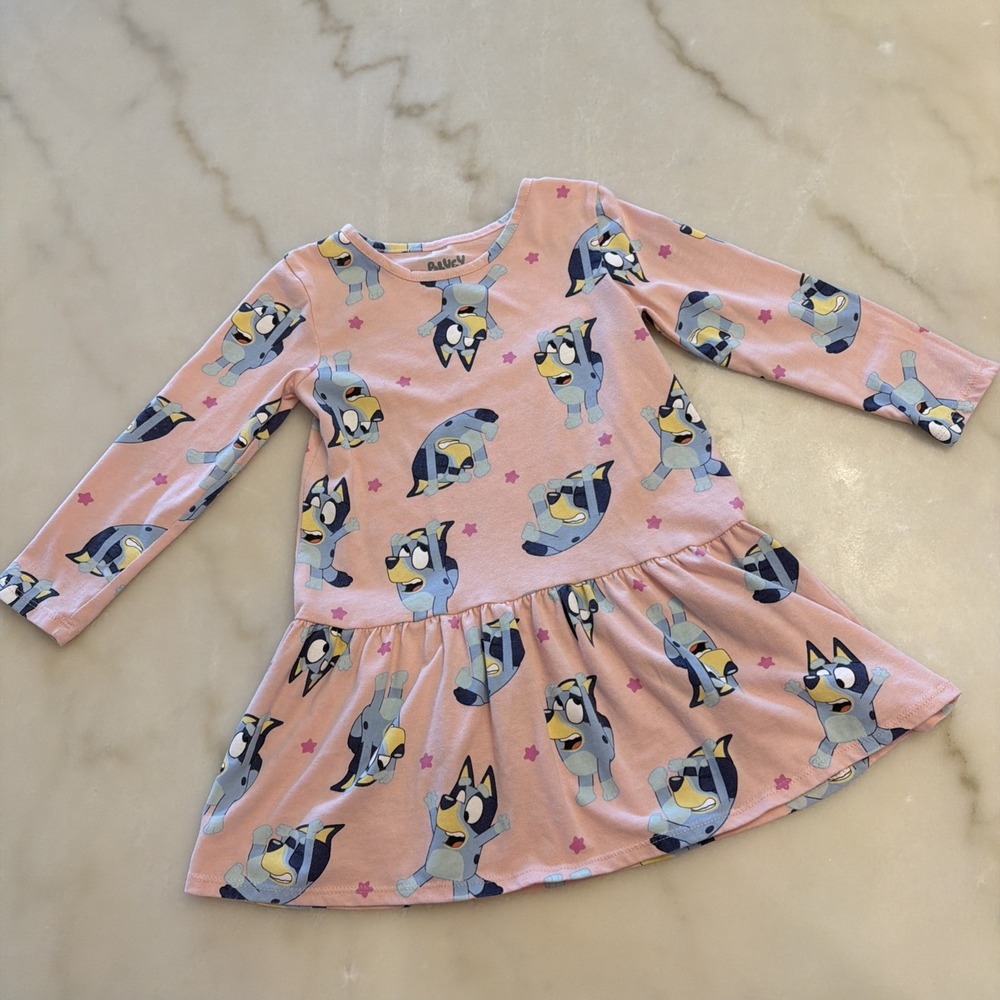 Bluey Toddler Girls Long Sleeve Dress Size 4T- Pink, Stars Drop Waist